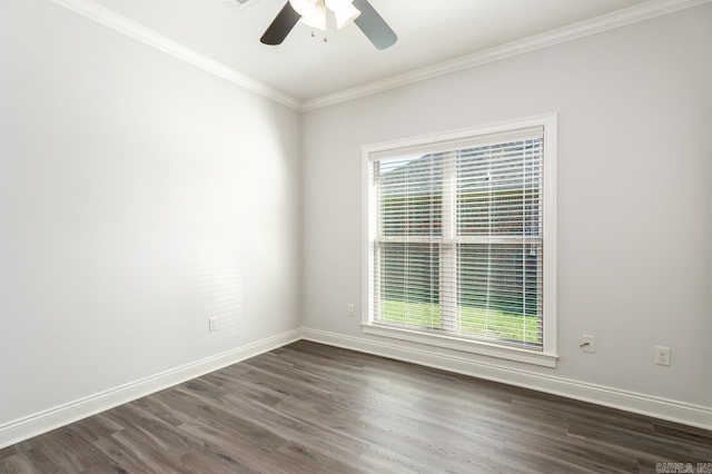 unfurnished room featuring ceiling fan, dark hardwood / wood-style flooring, and ornamental molding