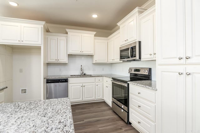 kitchen featuring white cabinetry, sink, dark hardwood / wood-style floors, appliances with stainless steel finishes, and ornamental molding