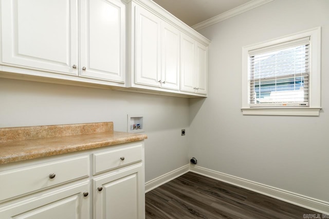 washroom with cabinets, hookup for a washing machine, hookup for an electric dryer, ornamental molding, and dark wood-type flooring