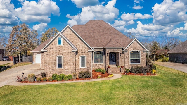 view of front of home with a garage and a front lawn