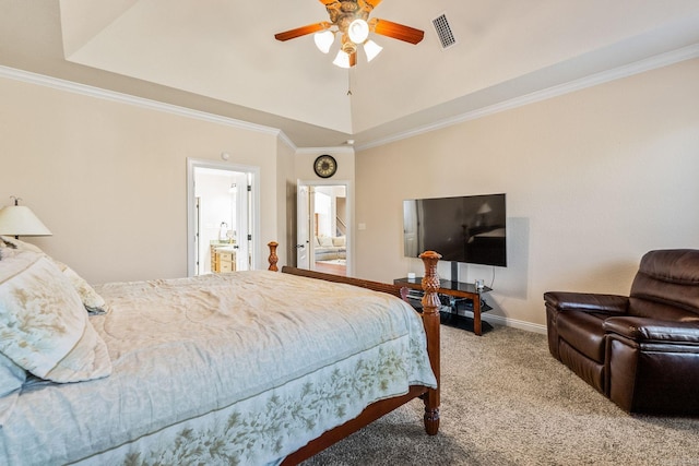 bedroom with carpet flooring, ensuite bathroom, ceiling fan, and crown molding