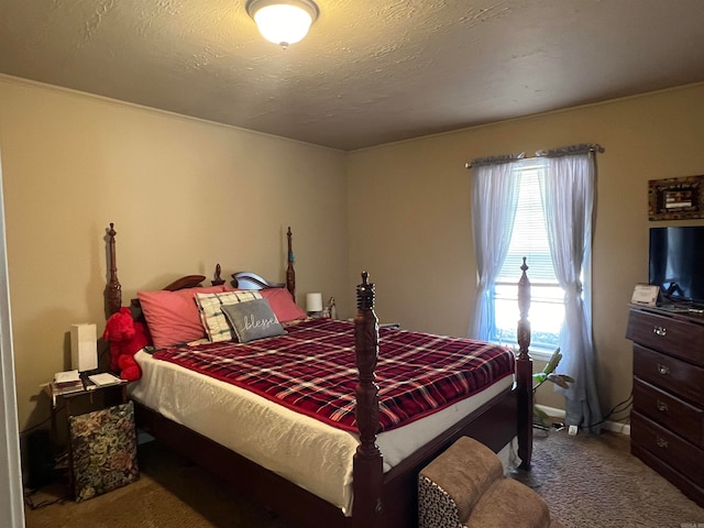 carpeted bedroom with a textured ceiling