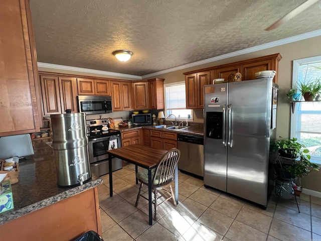 kitchen featuring appliances with stainless steel finishes, a wealth of natural light, ornamental molding, and sink