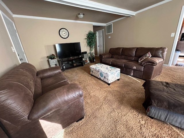 carpeted living room with crown molding and beamed ceiling