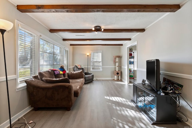 living room featuring beamed ceiling, light hardwood / wood-style floors, and a textured ceiling