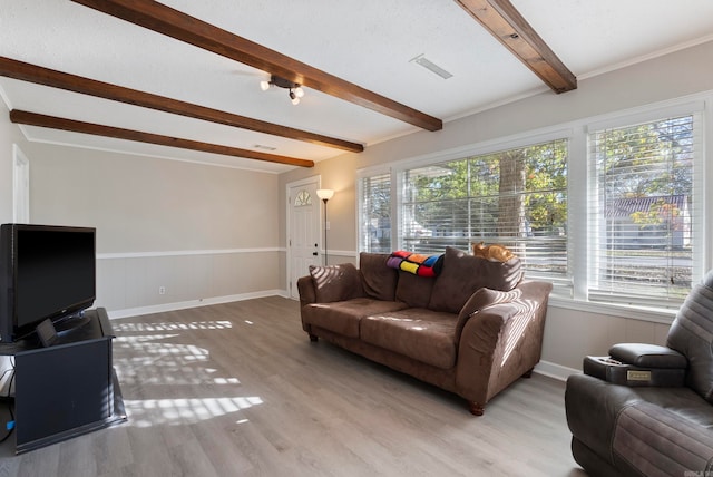 living room featuring plenty of natural light, beamed ceiling, and light hardwood / wood-style floors