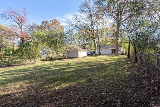 view of yard featuring a storage unit