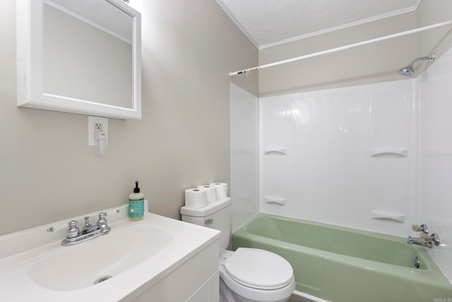 full bathroom featuring vanity, a textured ceiling, toilet, and shower / bathtub combination