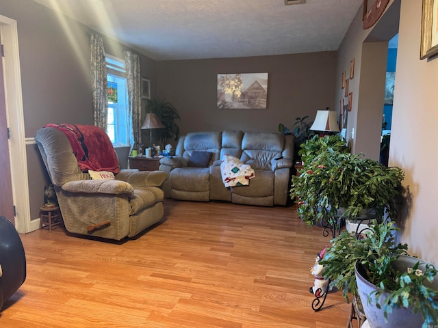 living room featuring light wood-type flooring and a textured ceiling