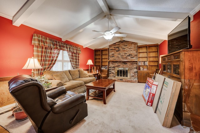 living room featuring ceiling fan, built in features, lofted ceiling with beams, light colored carpet, and a fireplace