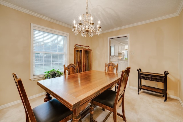 carpeted dining room with a textured ceiling, an inviting chandelier, plenty of natural light, and crown molding