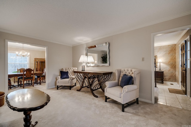 sitting room featuring light carpet, a chandelier, a textured ceiling, and ornamental molding