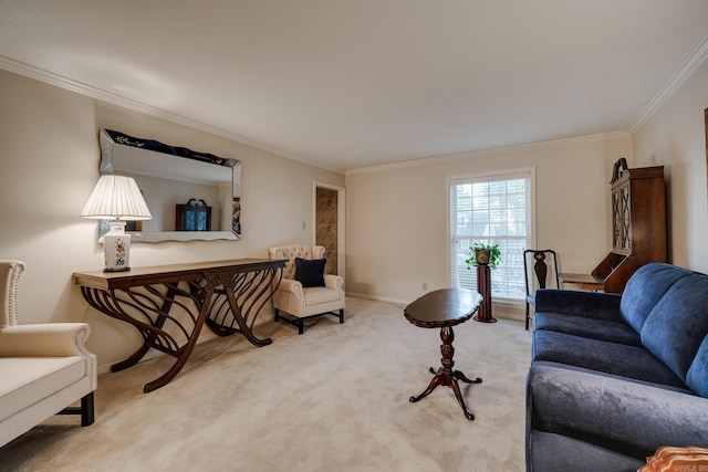 living room with ornamental molding and light carpet