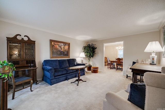 living room featuring carpet, crown molding, and a notable chandelier