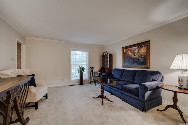 living room with crown molding and light carpet