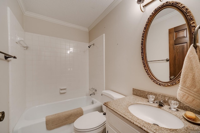 full bathroom with vanity, crown molding, tiled shower / bath, toilet, and a textured ceiling