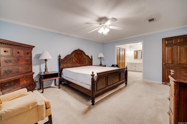 carpeted bedroom featuring ceiling fan, crown molding, a textured ceiling, and connected bathroom