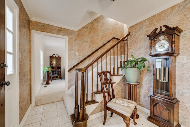 stairs featuring crown molding