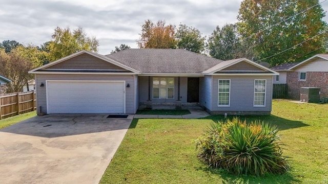 ranch-style home with central AC unit, a garage, and a front yard