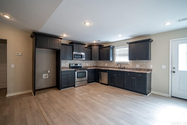 kitchen featuring light wood-type flooring, sink, appliances with stainless steel finishes, and tasteful backsplash