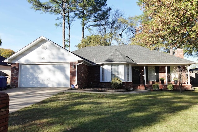 single story home with a front lawn, a porch, and a garage