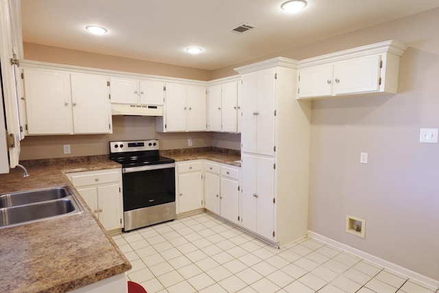 kitchen with sink, white cabinets, stainless steel range with electric stovetop, light tile patterned floors, and custom range hood