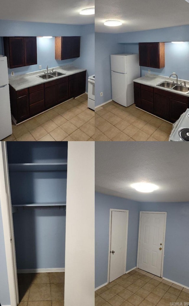 kitchen featuring light tile patterned floors, white appliances, dark brown cabinetry, and sink