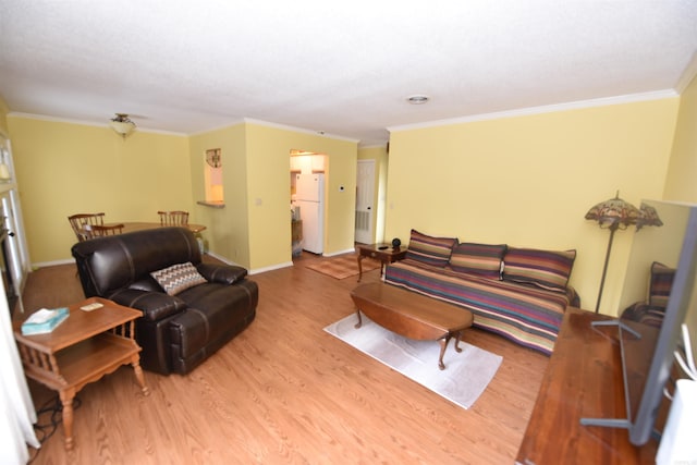 living room with ornamental molding and light wood-type flooring