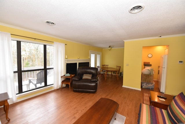 living room featuring hardwood / wood-style floors, a textured ceiling, and crown molding