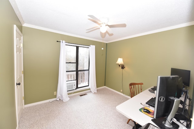 office area with carpet flooring, ceiling fan, and crown molding