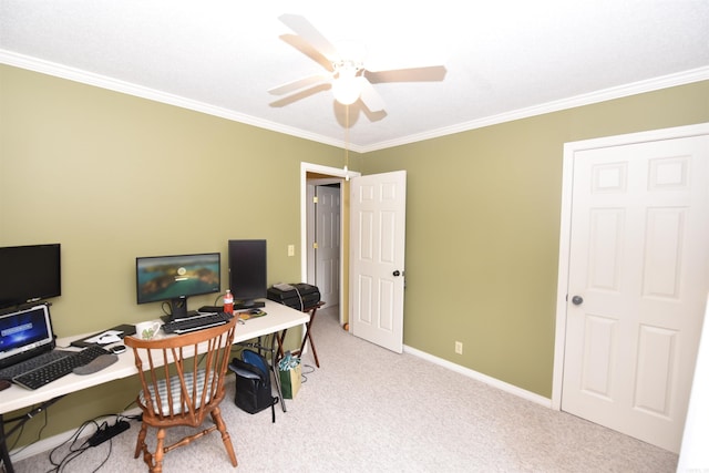 office with light carpet, ceiling fan, and crown molding