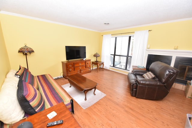 living room with crown molding and wood-type flooring