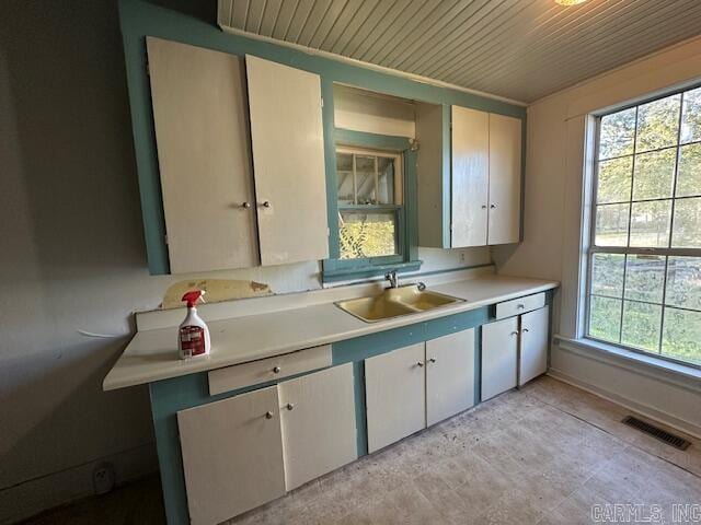 kitchen featuring white cabinets, wood ceiling, and sink