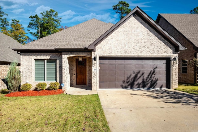 view of front of property featuring a front lawn and a garage