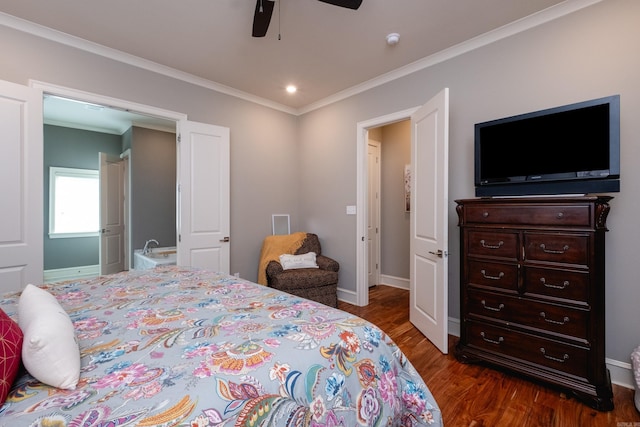 bedroom featuring ceiling fan, dark hardwood / wood-style floors, and crown molding