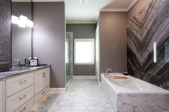 bathroom featuring vanity, ornamental molding, and shower with separate bathtub