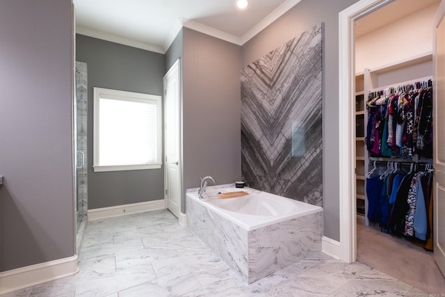 bathroom featuring shower with separate bathtub and crown molding