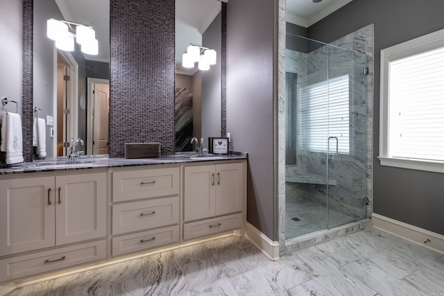 bathroom featuring vanity and walk in shower