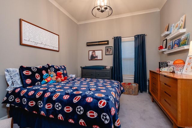 bedroom featuring a notable chandelier, light colored carpet, and ornamental molding