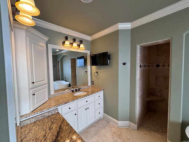 bathroom featuring shower with separate bathtub, vanity, tile patterned floors, and crown molding