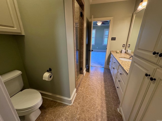 bathroom with tile patterned floors, vanity, ceiling fan, and toilet