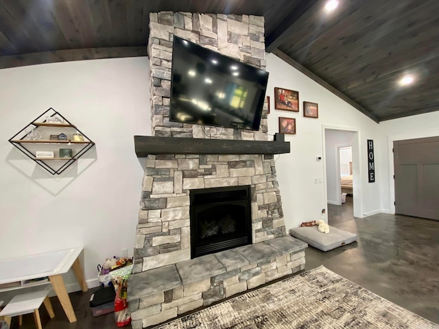 living room with concrete floors, lofted ceiling, a fireplace, and wooden ceiling