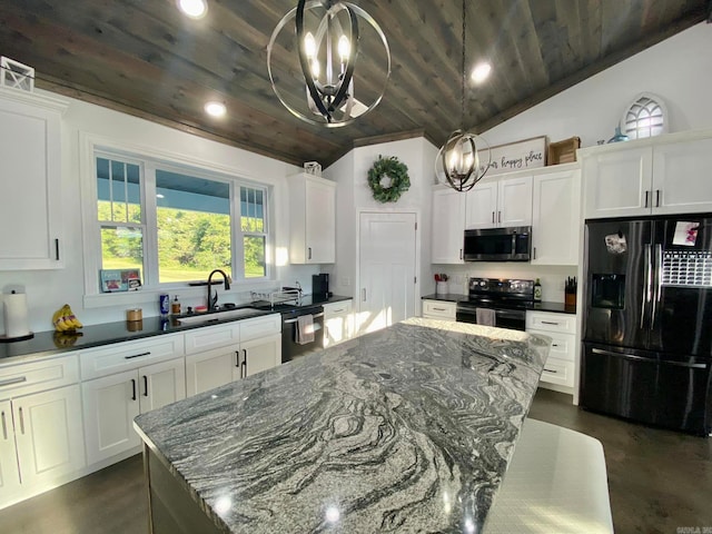 kitchen featuring a center island, black appliances, vaulted ceiling, white cabinetry, and wood ceiling