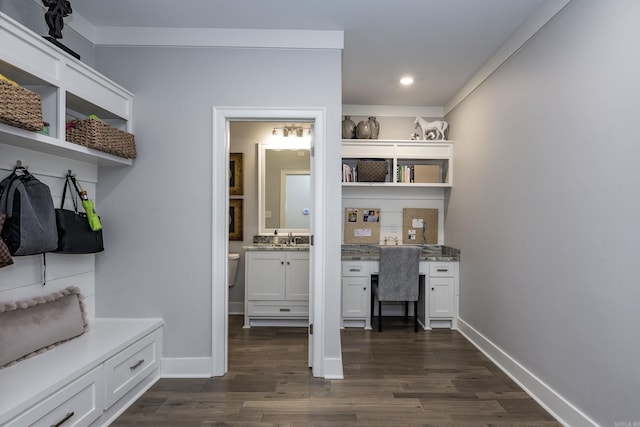 mudroom with built in desk, dark wood-type flooring, and sink