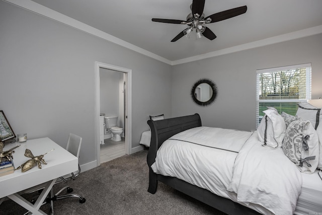 bedroom with carpet flooring, ceiling fan, crown molding, and ensuite bath