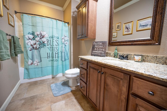 full bathroom with vanity, toilet, ornamental molding, and shower / tub combo with curtain