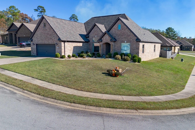 french country style house featuring a front lawn and a garage