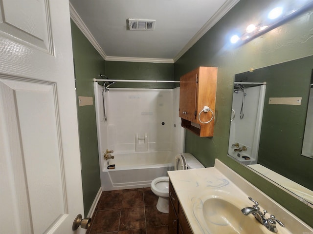 full bathroom with tile patterned floors, ornamental molding, vanity, shower / tub combination, and toilet