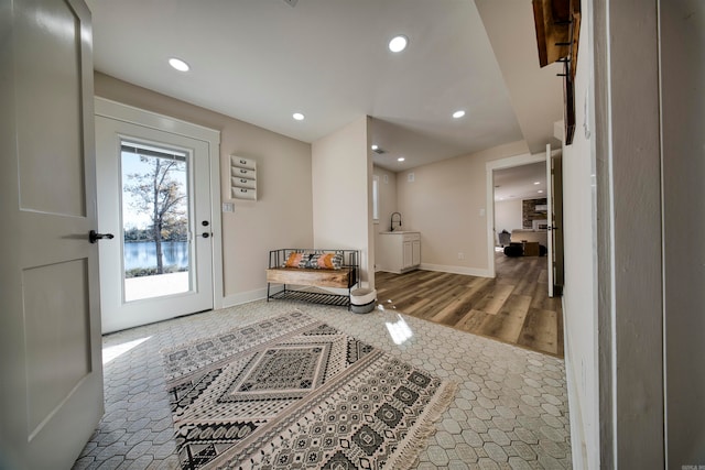 foyer entrance with hardwood / wood-style floors