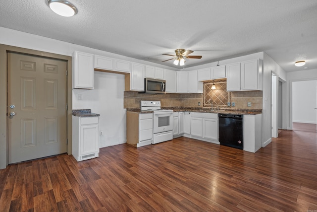 kitchen with dishwasher, white cabinetry, white range with electric cooktop, and dark hardwood / wood-style floors